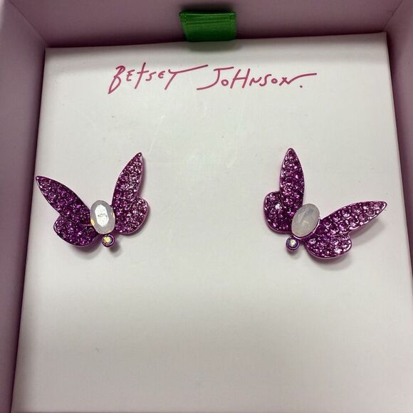 Betsey Johnson Pink Metallic Butterfly Stud Earrings Crystal Accents Strawberry - Picture 1 of 5